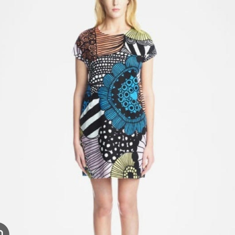Marimekko Women's Gili Short Sleeve Mini Dress Boxy Floral Print Size 34 XS